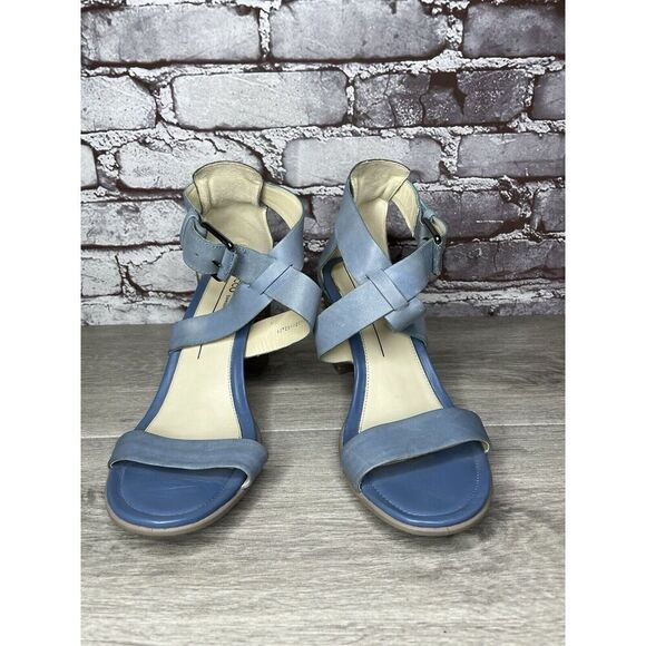 ECCO DANISH DESIGN Blue Leather Ankle Strappy Stacked Heel Sandals Women Sz 40EU - Picture 14 of 16